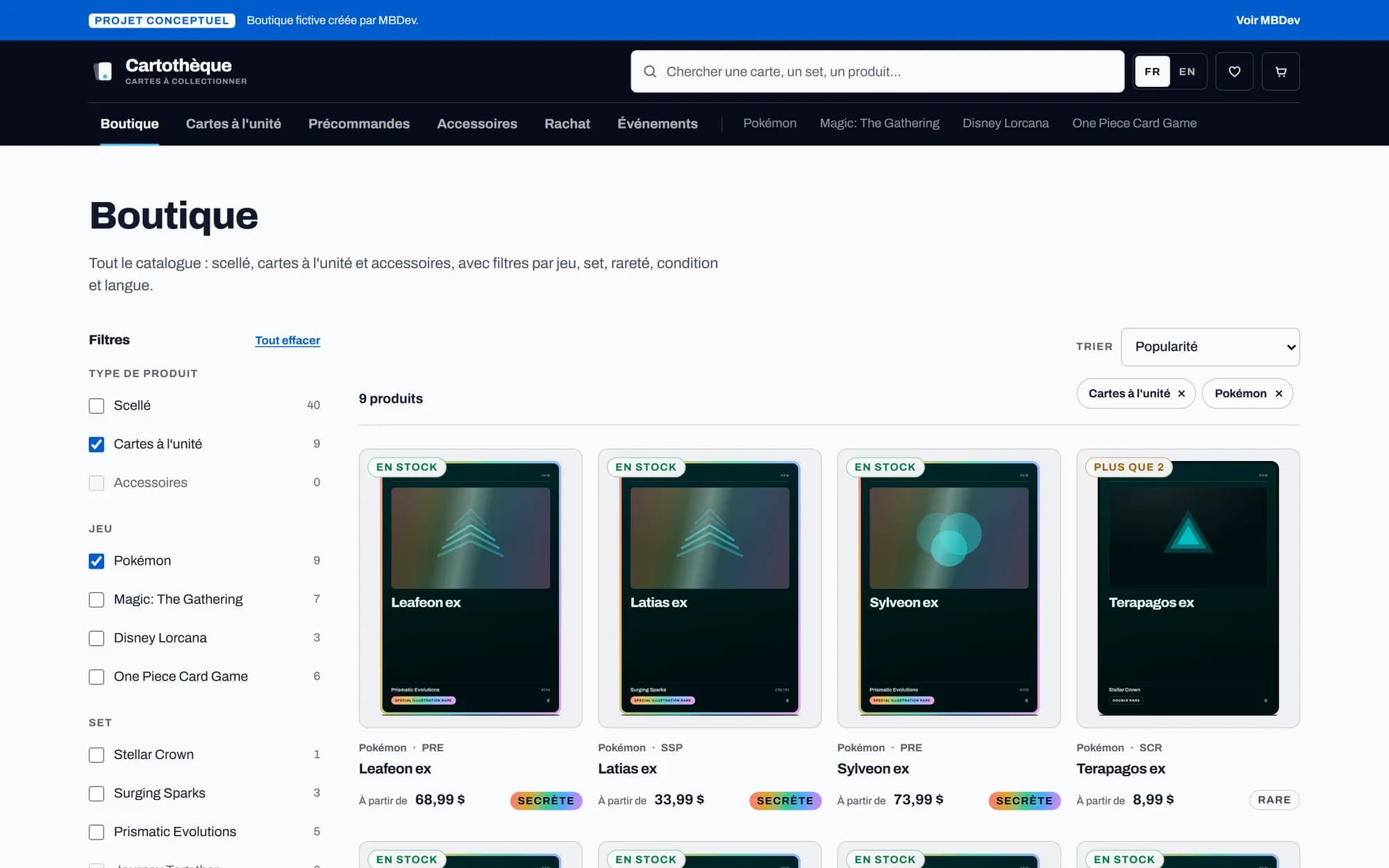 Le catalogue filtré par jeu et par type de produit
