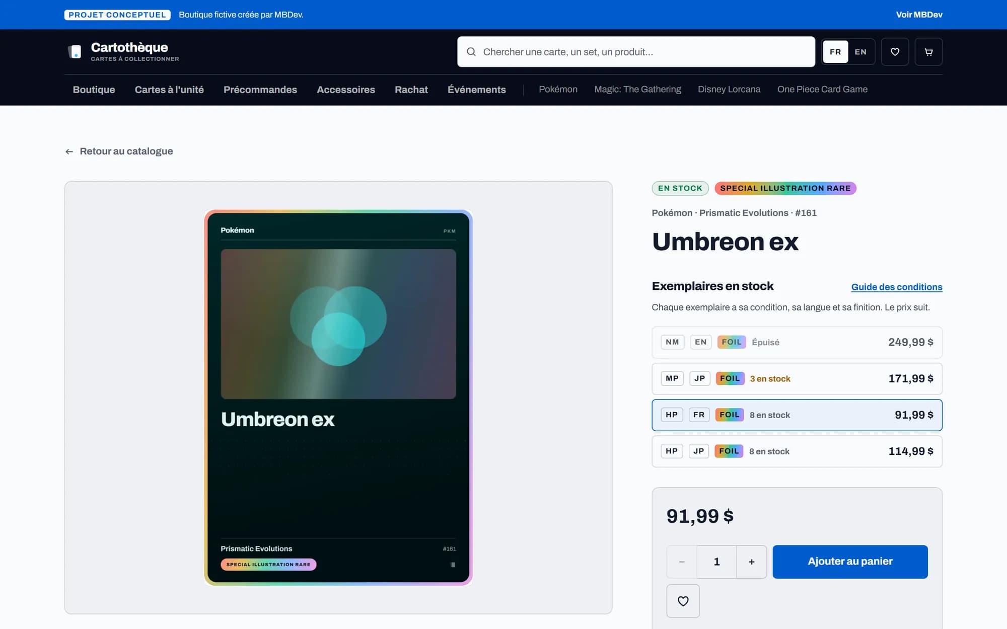 Fiche produit d'une carte avec ses exemplaires en stock