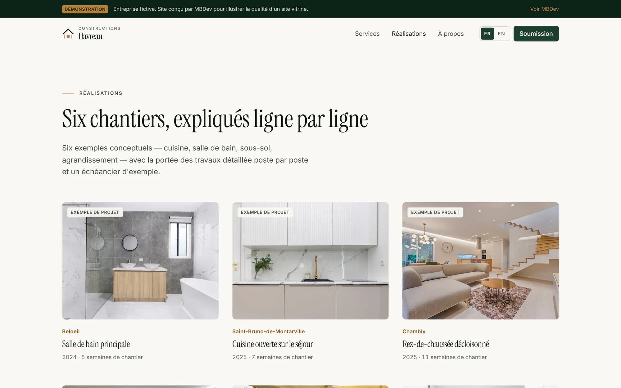 Page des réalisations, six projets en grille
